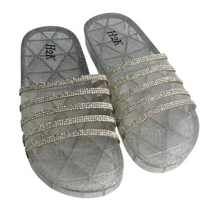 H2K brand women's jelly glitter slide sandals with rhinestone straps. Silver 7.5